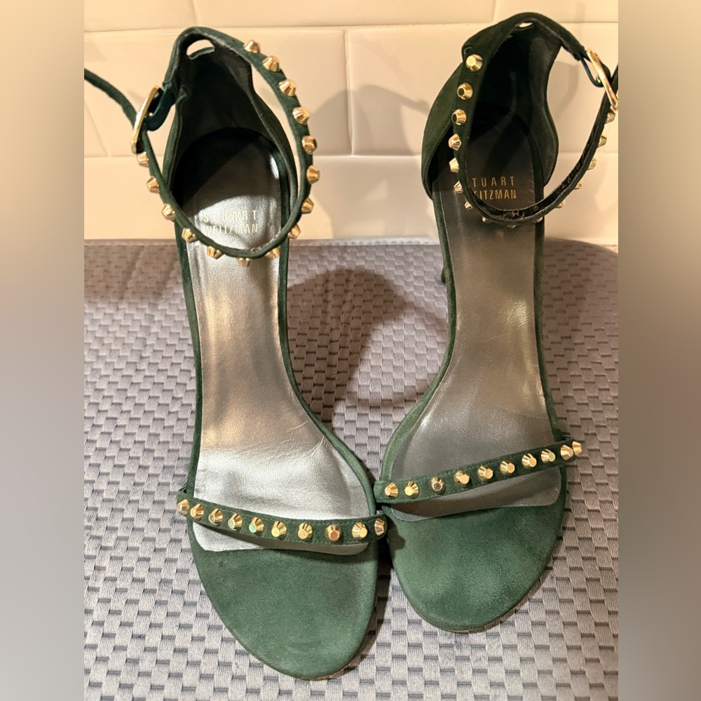 Stuart Weitzman Green Suede Heels with Gold Accents